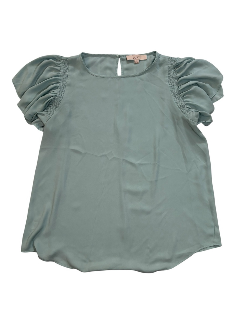 LOFT Top, Flutter Sleeve Sheer Blouse, Light Blue, Large, L, Ann Taylor